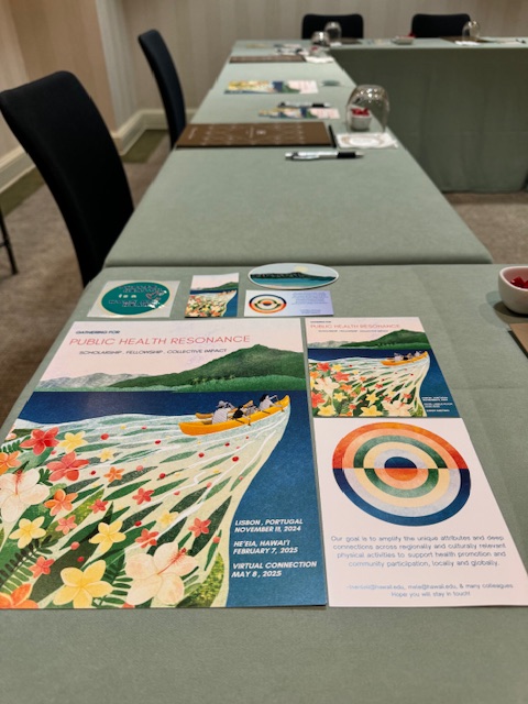 Print materials including a poster, flyer, and stickers from the Public Health Resonance event in Lisbon, Portugal